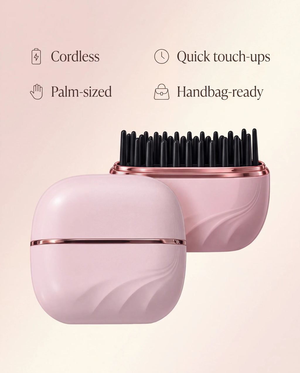 The Mini closed and open: cordless, palm-sized, quick touch-ups, handbag-ready