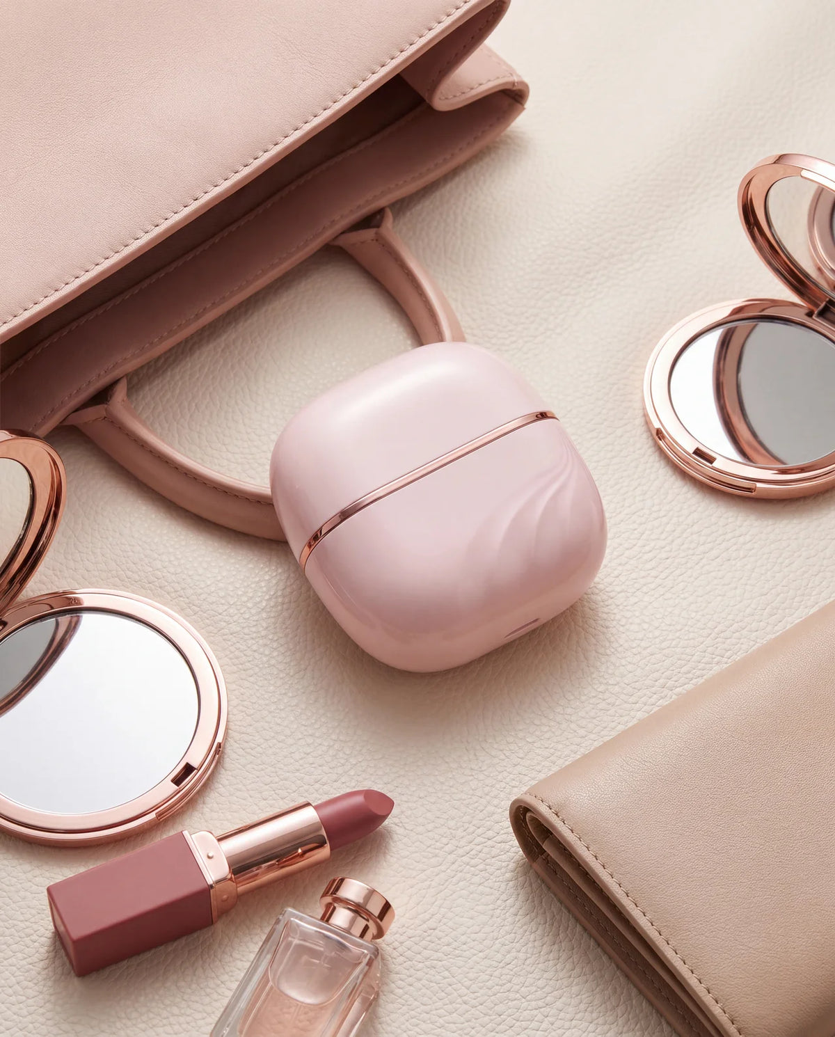 The closed Mini next to a handbag, compact mirrors and a lipstick, small enough for any bag